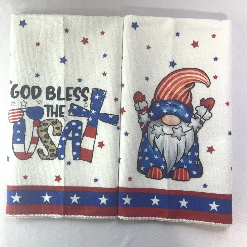 Patriotic USA Gnome Dishcloth Set 2pc Red White Blue 4th of July Kitchen Towels
